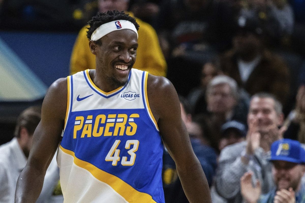 Dec 8, 2025; Indianapolis, Indiana, USA; Indiana Pacers forward Pascal Siakam (43)celebrates a made basket  in the second half against the Sacramento Kings at Gainbridge Fieldhouse. Mandatory Credit: Trevor Ruszkowski-Imagn Images