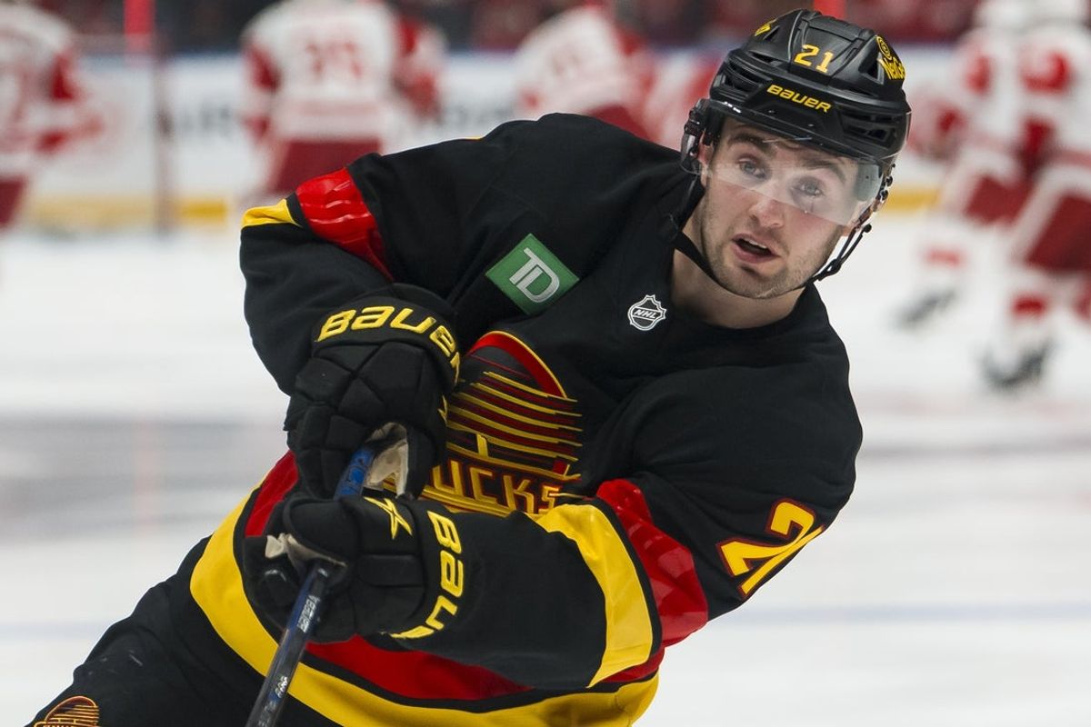 Dec 8, 2025; Vancouver, British Columbia, CAN; Vancouver Canucks forward Nils Hoglander (21) shoots in warm up prior to a game against the Detroit Red Wings at Rogers Arena. Mandatory Credit: Bob Frid-Imagn Images