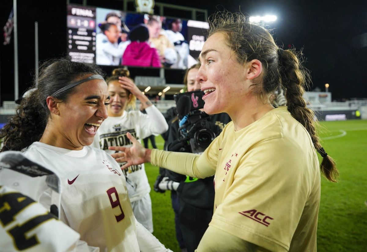 Dec 8, 2025; Kansas City, MO, USA; Florida State Seminoles forward Taylor Suarez (9) celebrates with goalkeeper Evan O'Steen (2) after defeating the Stanford Cardinal to win the 2025 NCAA Women’s Soccer College Cup Championship at CPKC Stadium. Mandatory Credit: Jay Biggerstaff-Imagn Images