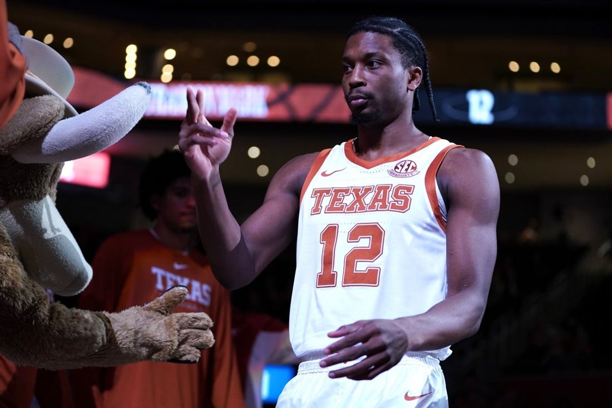 Dec 8, 2025; Austin, Texas, USA;  Texas Longhorns guard Tramon Mark (12) enters the court before the start of the game against the Southern University Jaguars at Moody Center. Mandatory Credit: Dustin Safranek-Imagn Images