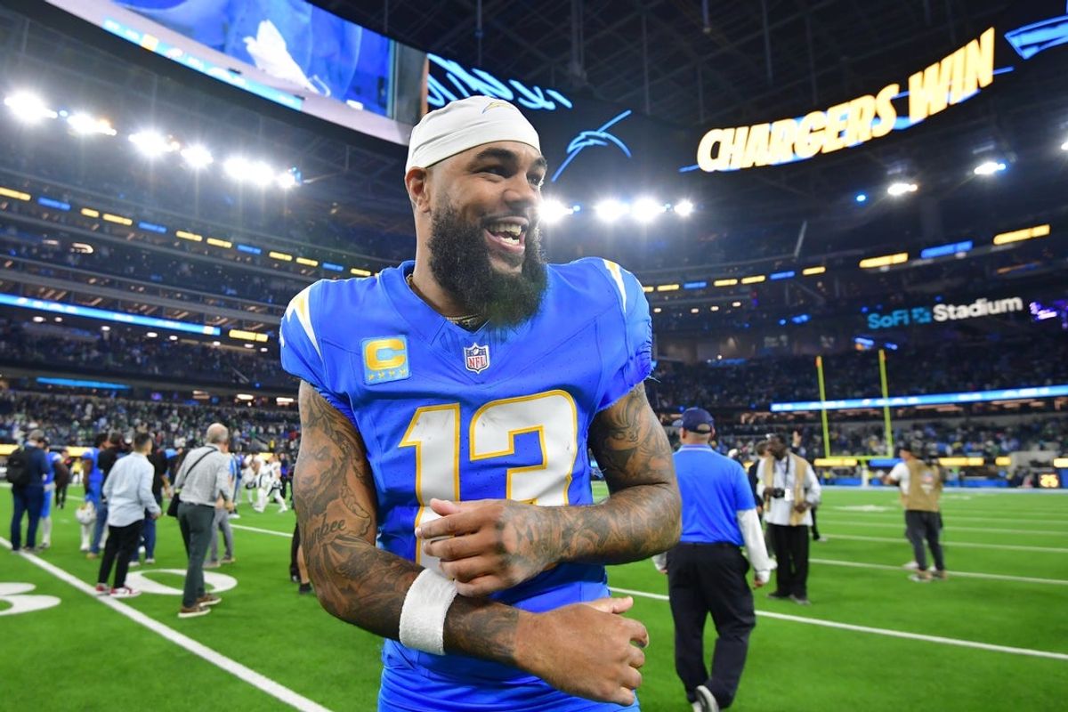 Dec 8, 2025; Inglewood, California, USA; Los Angeles Chargers wide receiver Keenan Allen (13) celebrates after defeating the Philadelphia Eagles at SoFi Stadium. Mandatory Credit: Gary A. Vasquez-Imagn Images