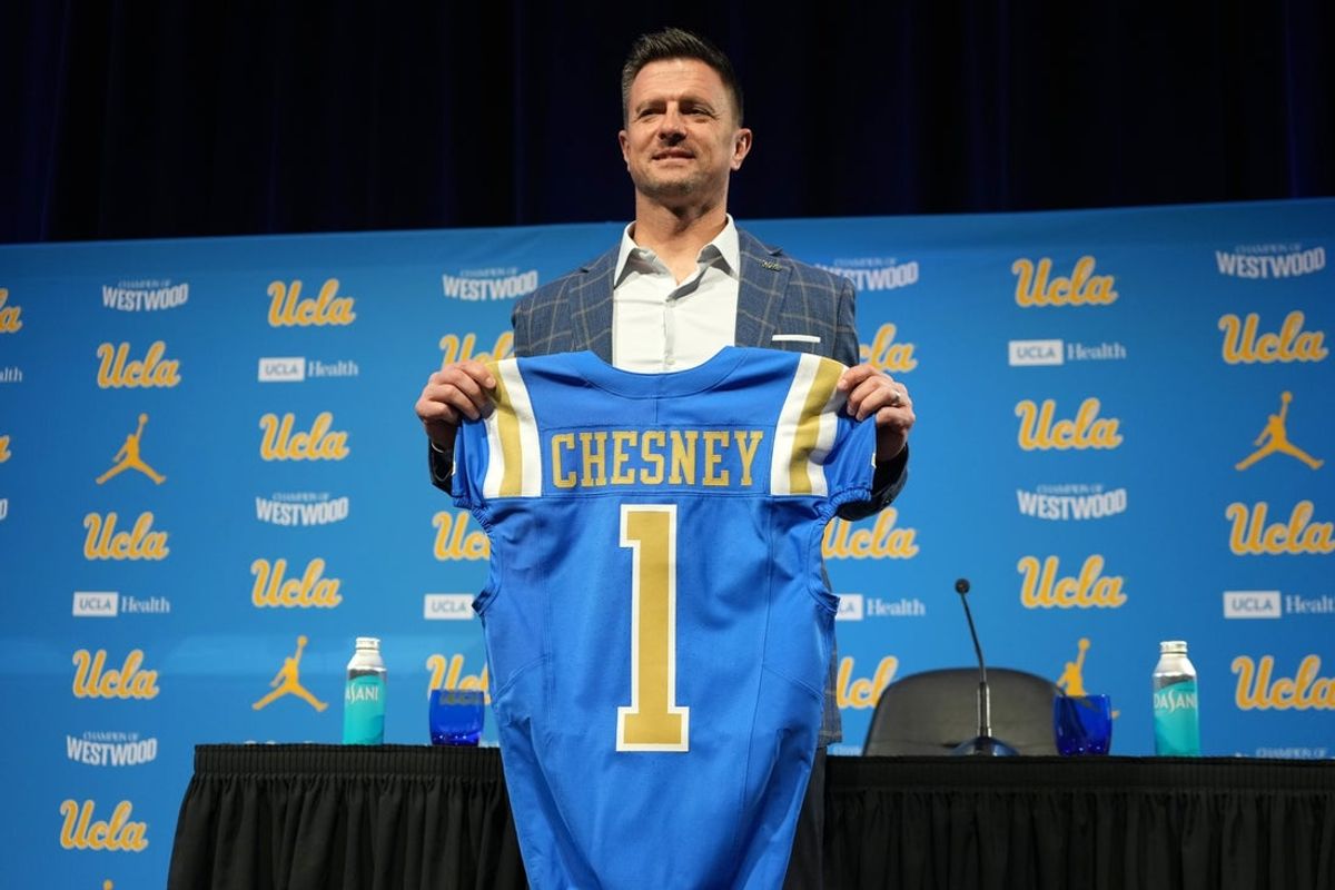 Dec 9, 2025; Los Angeles, CA, USA; UCLA Bruins football coach Bob Chesney poses at introductory press conference at Renee Luskin Conference Center Centennial Ballroom. Mandatory Credit: Kirby Lee-Imagn Images