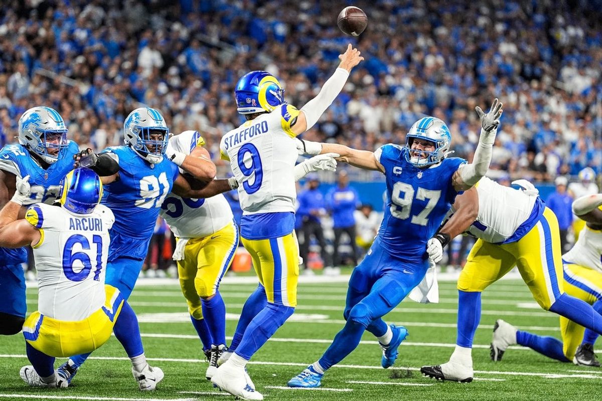 Detroit Lions defensive end Aidan Hutchinson pressures Los Angeles Rams quarterback Matthew Stafford during the second half at Ford Field in Detroit on Sunday, September 8, 2024.