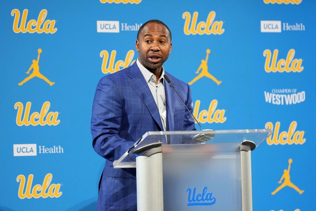 Dec 9, 2025; Los Angeles, CA, USA; UCLA Bruins athletic director Martin Jarmond speaks at press conference at Renee Luskin Conference Center Centennial Ballroom. Mandatory Credit: Kirby Lee-Imagn Images