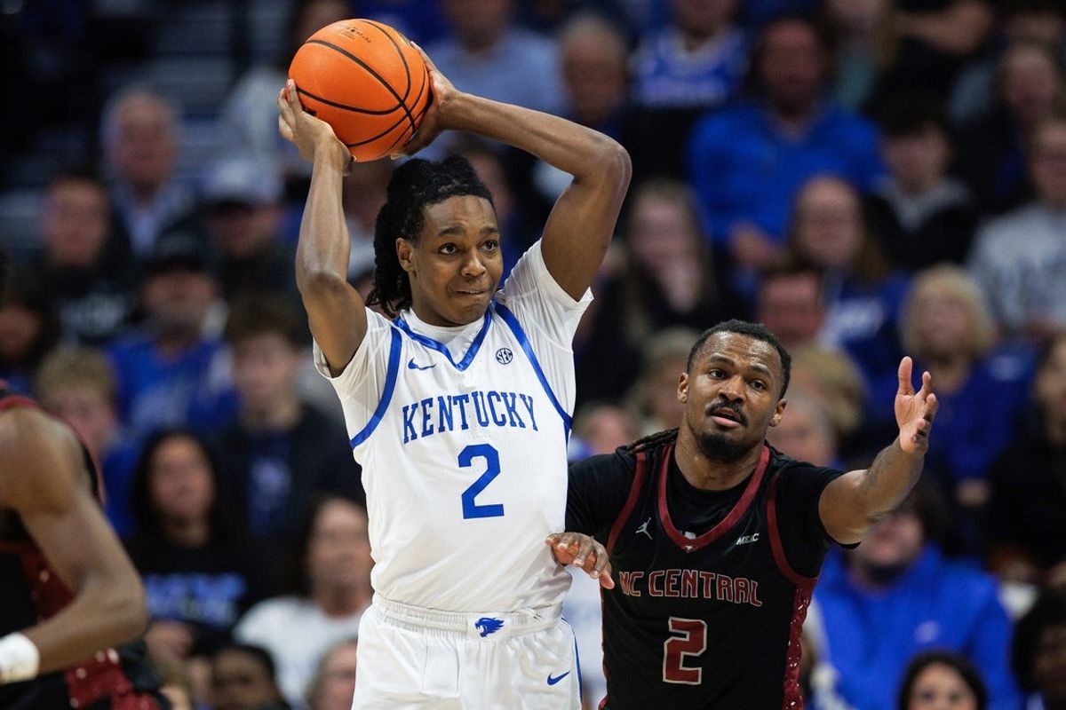 Dec 9, 2025; Lexington, Kentucky, USA; Kentucky Wildcats guard Jasper Johnson (2) looks to pass the ball during the first half against the North Carolina Central Eagles at Rupp Arena at Central Bank Center. Mandatory Credit: Jordan Prather-Imagn Images