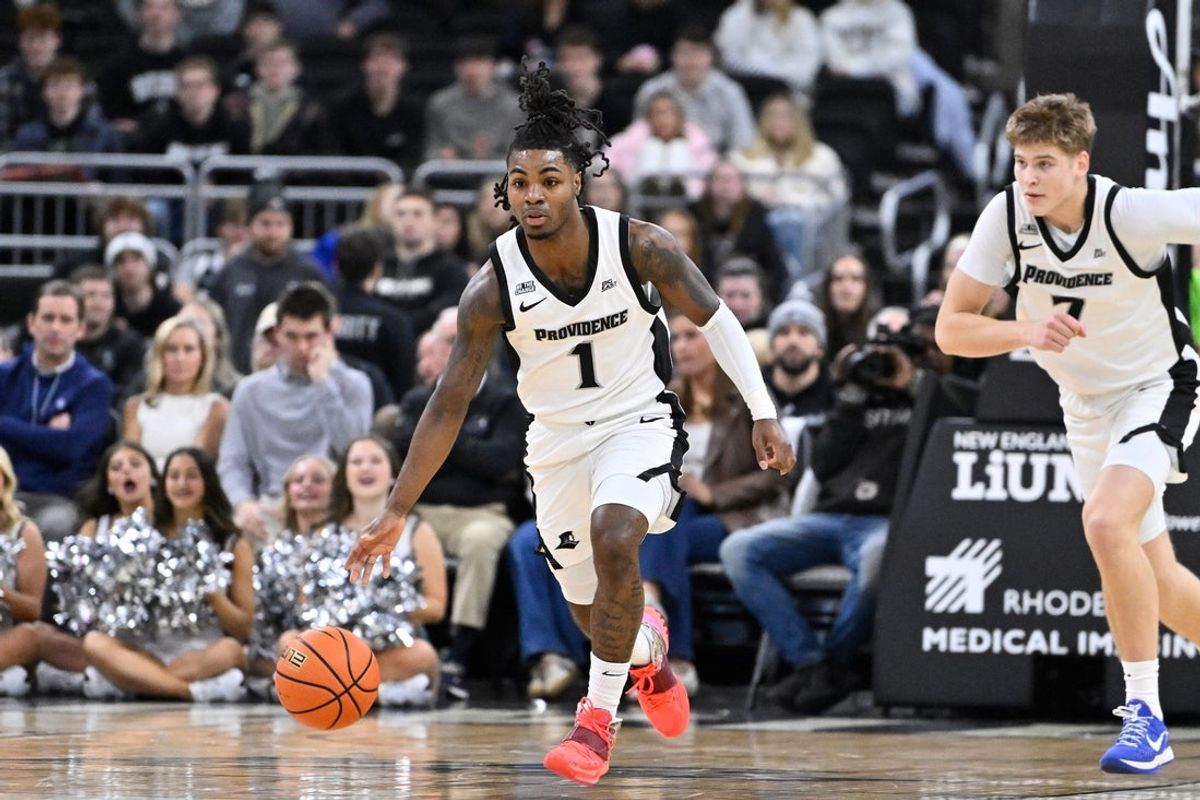 Dec 9, 2025; Providence, Rhode Island, USA; Providence Friars guard Jason Edwards (1) drives the ball to the basket during the first half against the Brown Bears at Amica Mutual Pavilion. Mandatory Credit: Eric Canha-Imagn Images