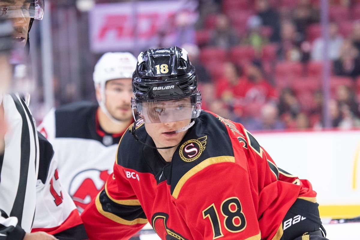 Dec 9, 2025; Ottawa, Ontario, CAN; Ottawa Senators center Tim Stutzle (18) follows the puck in the second period against the New Jersey Devils at the Canadian Tire Centre. Mandatory Credit: Marc DesRosiers-IMAGN Images