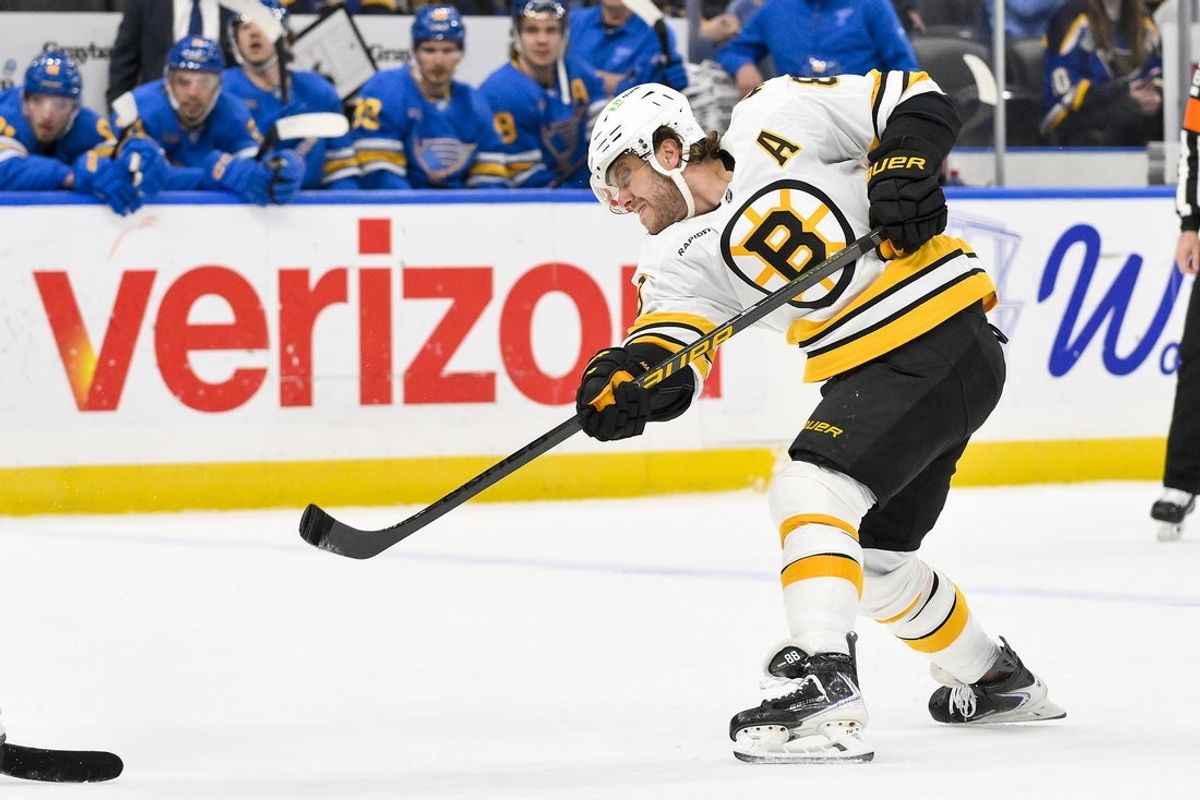 Dec 9, 2025; St. Louis, Missouri, USA; Boston Bruins right wing David Pastrnak (88) shoots against the St. Louis Blues during the first period at Enterprise Center. Mandatory Credit: Jeff Curry-Imagn Images