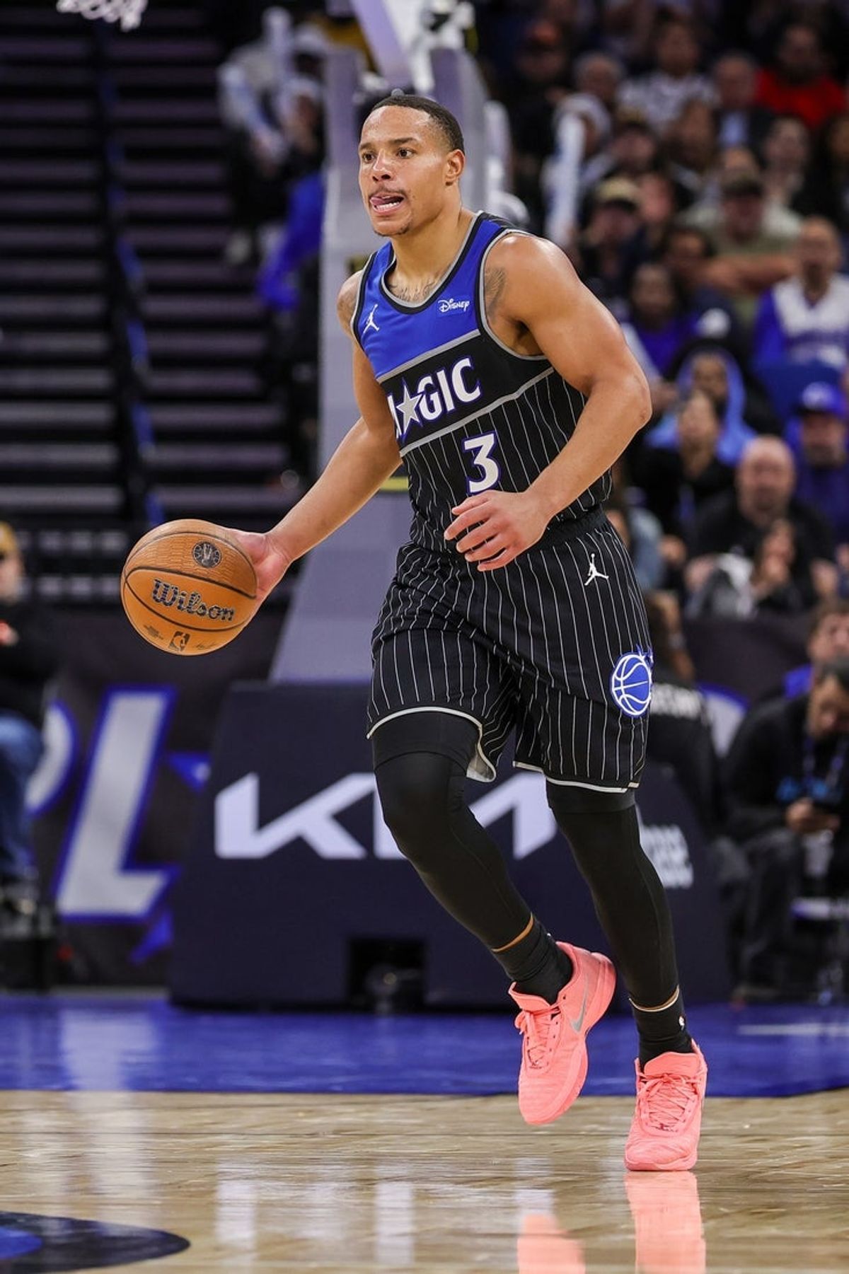 Dec 9, 2025; Orlando, Florida, USA; Orlando Magic guard Desmond Bane (3) brings the ball up court during the second half against the Miami Heat at Kia Center. Mandatory Credit: Mike Watters-Imagn Images