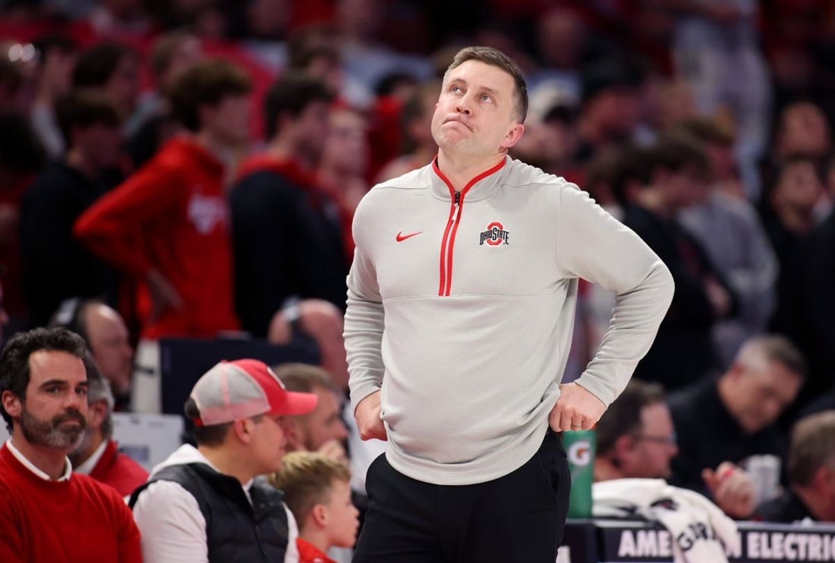 Dec 9, 2025; Columbus, Ohio, USA; Ohio State Buckeyes head coach Jake Diebler reacts as time winds down on a loss against the Illinois Fighting Illini during the second half at Value City Arena. Mandatory Credit: Joseph Maiorana-Imagn Images