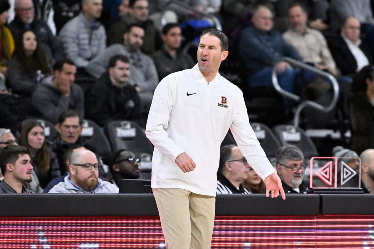Dec 9, 2025; Providence, Rhode Island, USA; Brown Bears head coach Mike Martin reacts to game action during the second half against the Providence Friars at Amica Mutual Pavilion. Mandatory Credit: Eric Canha-Imagn Images