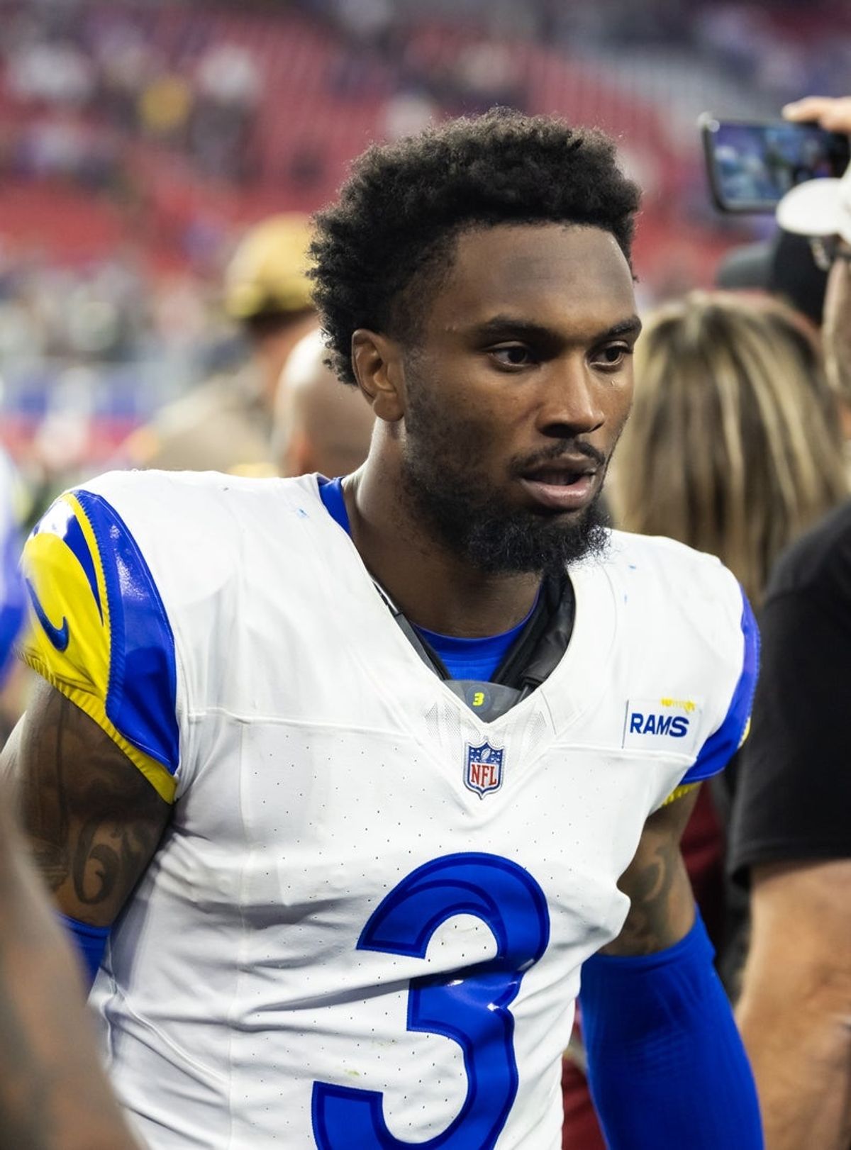 Dec 7, 2025; Glendale, Arizona, USA; Los Angeles Rams safety Kam Curl (3) against the Arizona Cardinals at State Farm Stadium. Mandatory Credit: Mark J. Rebilas-Imagn Images