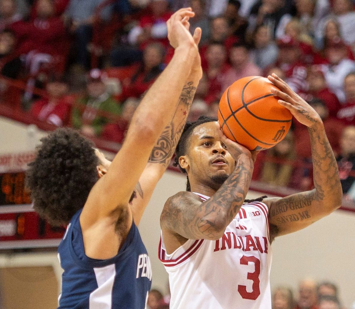 Indiana's Lamar Wilkerson (3) makes a three-pointer during the Indiana versus Penn State men's basketball game at Simon Skjodt Assembly Hall on Tuesday, Dec. 9, 2025.
