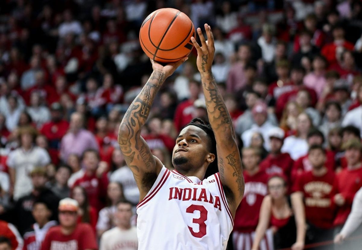 Dec 9, 2025; Bloomington, Indiana, USA; Indiana Hoosiers guard Lamar Wilkerson (3) shoots the ball during the first half against the Penn State Nittany Lions at Simon Skjodt Assembly Hall. Mandatory Credit: Robert Goddin-Imagn Images
