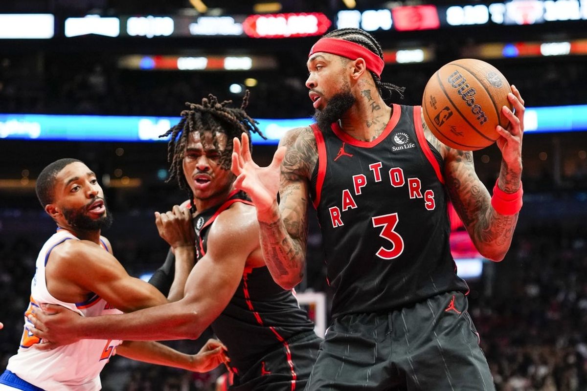 Dec 9, 2025; Toronto, Ontario, CAN; Toronto Raptors forward Brandon Ingram (3) handles the ball against the New York Knicks during the second half at the 2025-26 NBA Emirates Cup at Scotiabank Arena. Mandatory Credit: Kevin Sousa-Imagn Images