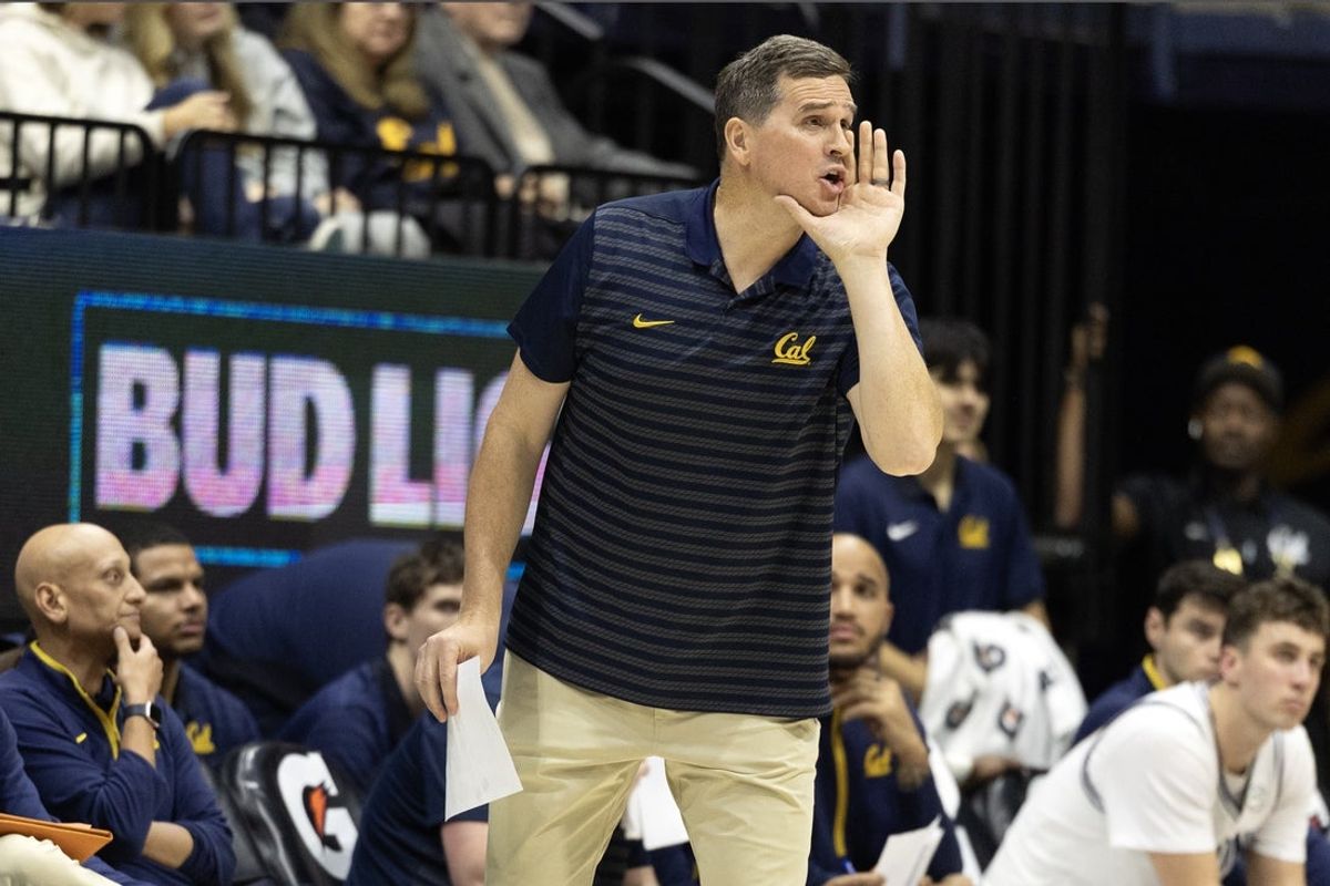 Dec 9, 2025; Berkeley, California, USA; California Golden Bears head coach Mark Madsen calls out instructions to his players during the second half against the Dominican Penguins at Haas Pavilion. Mandatory Credit: D. Ross Cameron-Imagn Images