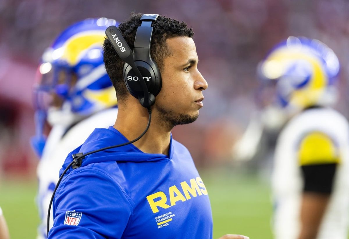 Dec 7, 2025; Glendale, Arizona, USA; Los Angeles Rams pass game coordinator Nate Scheelhaase against the Arizona Cardinals at State Farm Stadium. Mandatory Credit: Mark J. Rebilas-Imagn Images