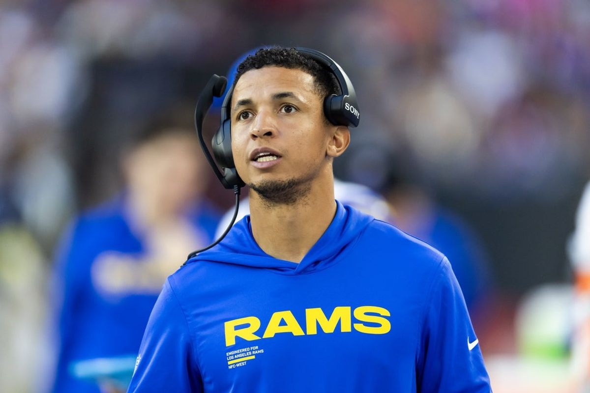 Dec 7, 2025; Glendale, Arizona, USA; Los Angeles Rams  pass game coordinator Nate Scheelhaase against the Arizona Cardinals at State Farm Stadium. Mandatory Credit: Mark J. Rebilas-Imagn Images