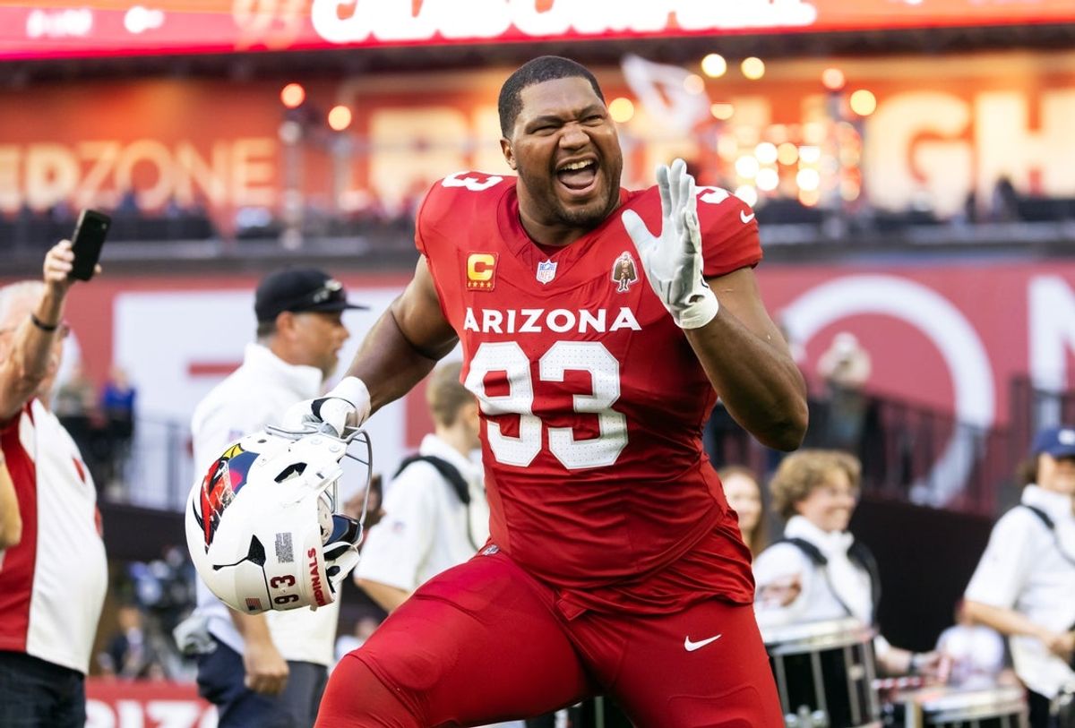 Dec 7, 2025; Glendale, Arizona, USA; Arizona Cardinals defensive end Calais Campbell (93) against the Los Angeles Rams at State Farm Stadium. Mandatory Credit: Mark J. Rebilas-Imagn Images