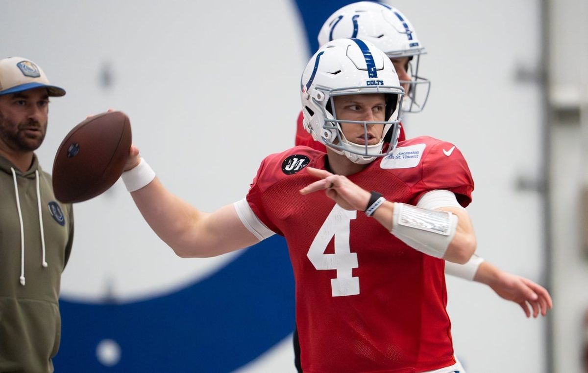 Indianapolis Colts quarterback Brett Rypien (4) delivers a pass Wednesday, Dec. 10, 2025, during practice at the Colts training facility in Indianapolis.