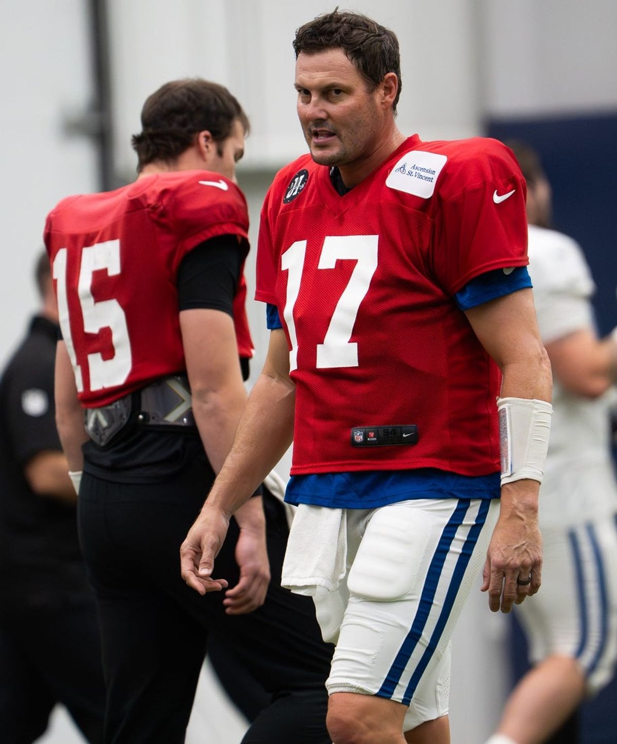 Indianapolis Colts quarterback Philip Rivers (17) warms up Wednesday, Dec. 10, 2025, during practice at the Colts training facility in Indianapolis.