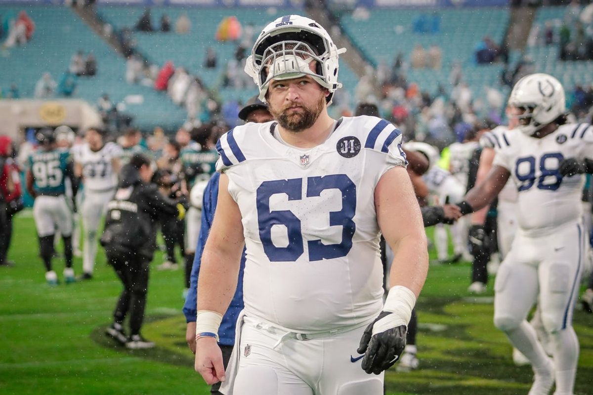 Dec 7, 2025; Jacksonville, Florida, USA;Indianapolis Colts center Danny Pinter (63) walks off the field after a loss to the Jacksonville Jaguars at EverBank Stadium. Mandatory Credit: Travis Register-Imagn Images