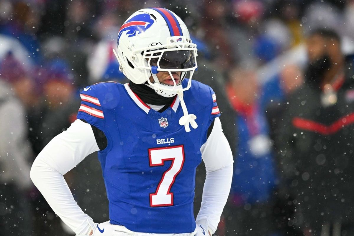 Dec 7, 2025; Orchard Park, New York, USA; Buffalo Bills cornerback Taron Johnson (7) warms up before a game against the Cincinnati Bengals at Highmark Stadium. Mandatory Credit: Mark Konezny-Imagn Images
