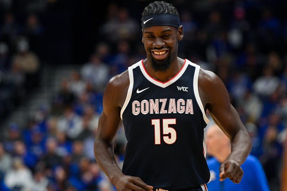 Dec 5, 2025; Nashville, TN, USA;  Gonzaga Bulldogs forward Graham Ike (15) smiles after Kentucky Wildcats calls timeout during the second half at Bridgestone Arena. Mandatory Credit: Steve Roberts-Imagn Images