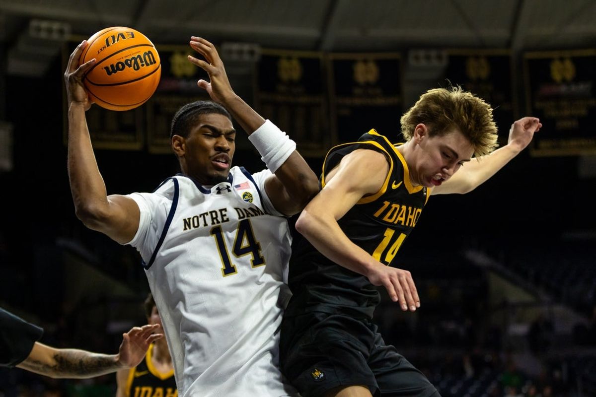 Dec 10, 2025; South Bend, Indiana, USA; Notre Dame Fighting Irish forward Kebba Njie (14) grabs a rebound away form Idaho Vandals guard Kolton Mitchell (14) during the first half at Purcell Pavilion at the Joyce Center. Mandatory Credit: Michael Caterina-Imagn Images