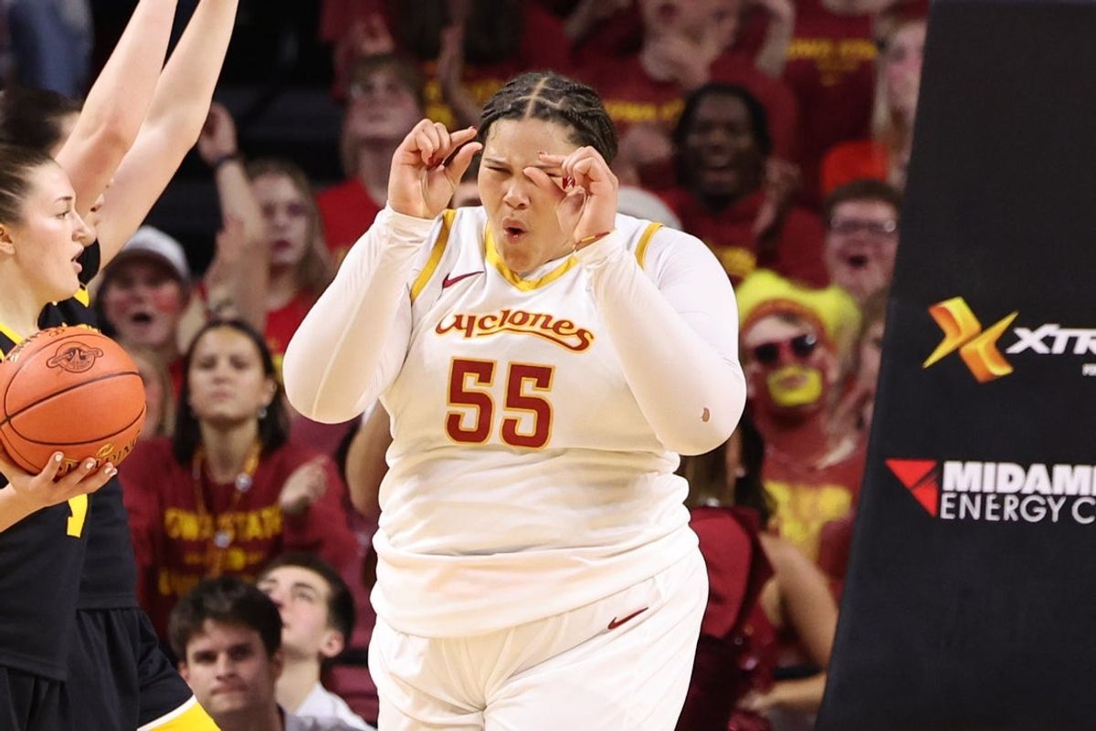 Dec 10, 2025; Ames, Iowa, USA; Iowa State Cyclones Audi Crooks (55) reacts after missing a basket against the Iowa Hawkeyes during the second half at James H. Hilton Coliseum. Mandatory Credit: Reese Strickland-Imagn Images