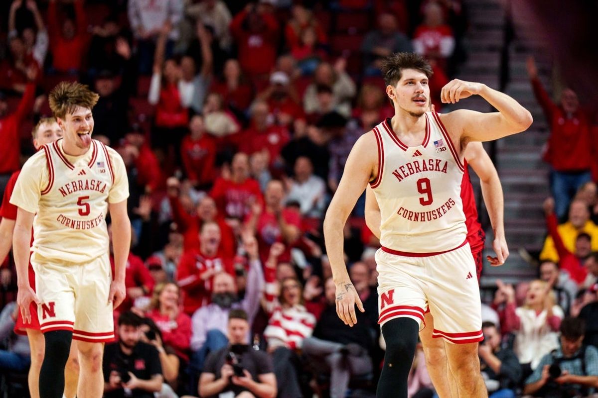 Dec 10, 2025; Lincoln, Nebraska, USA; Nebraska Cornhuskers forward Berke Buyuktuncel (9) reacts after a basket against the Wisconsin Badgers during the second half at Pinnacle Bank Arena. Mandatory Credit: Dylan Widger-Imagn Images