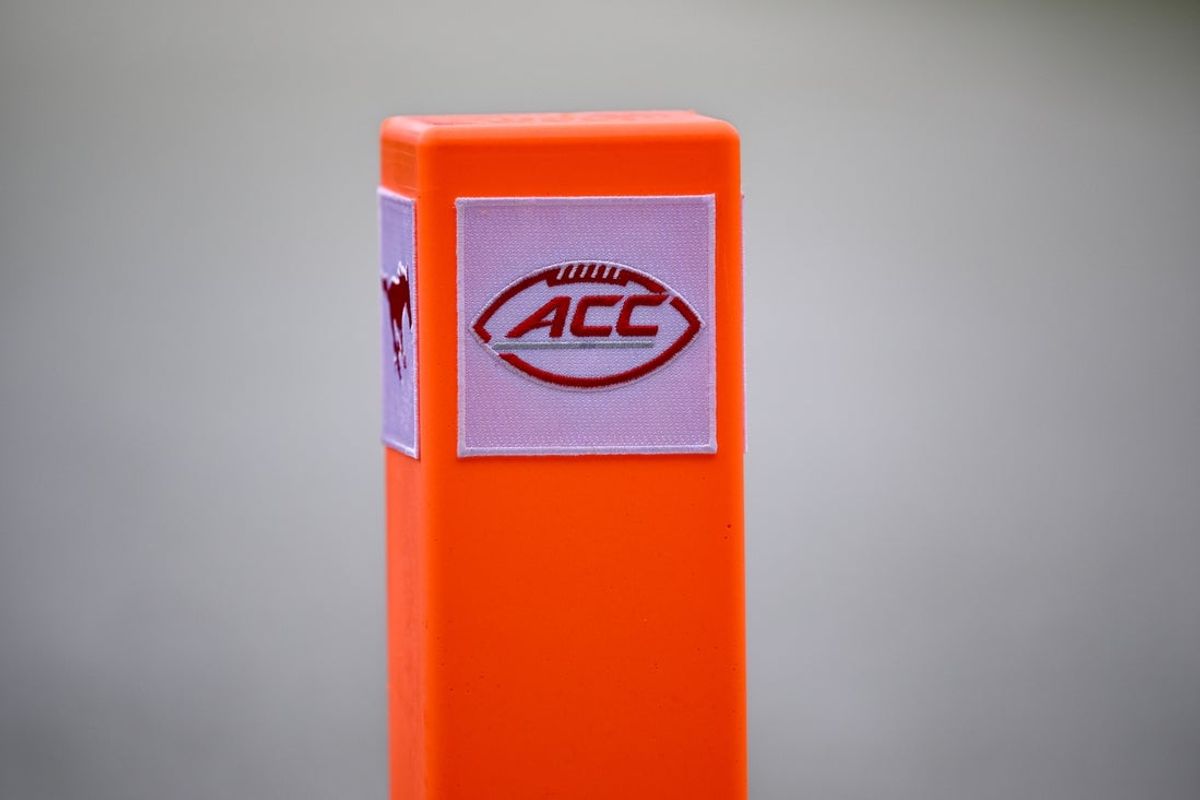 Nov 22, 2025; Dallas, Texas, USA;  A view of the ACC logo on an end zone pylon during the game between the Mustangs and the Cardinals at Gerald J. Ford Stadium. Mandatory Credit: Jerome Miron-Imagn Images