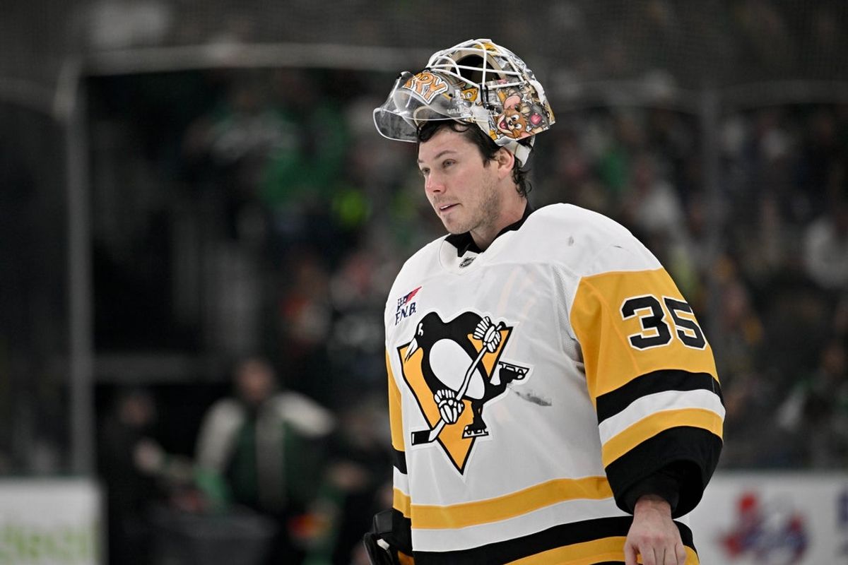 Dec 7, 2025; Dallas, Texas, USA; Pittsburgh Penguins goaltender Tristan Jarry (35) skates back on the ice during the game against the Dallas Stars at the American Airlines Center. Mandatory Credit: Jerome Miron-Imagn Images