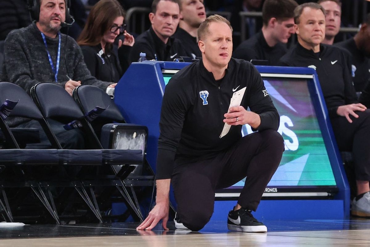 Dec 9, 2025; New York, New York, USA;  BYU Cougars head coach Kevin Young at Madison Square Garden. Mandatory Credit: Wendell Cruz-Imagn Images