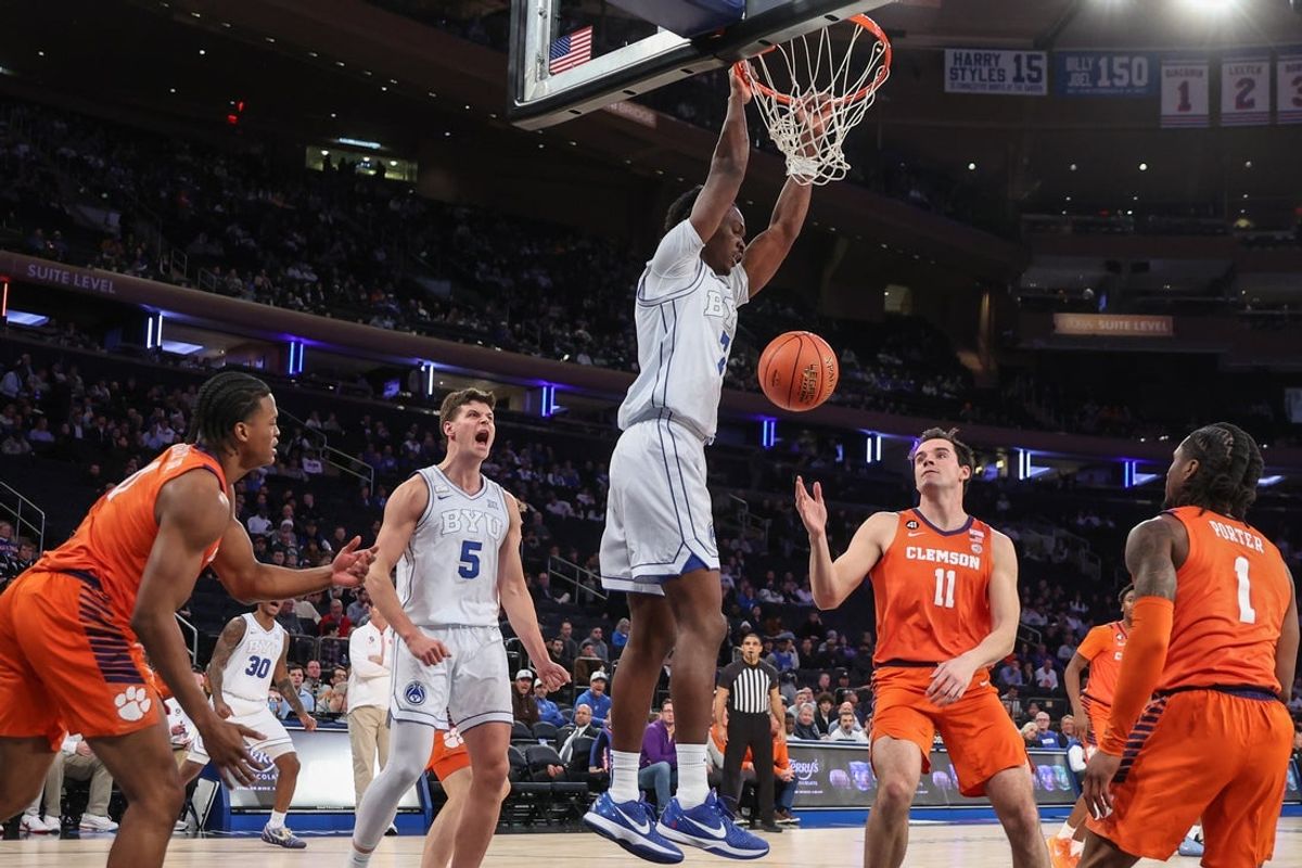Dec 9, 2025; New York, New York, USA;  BYU Cougars forward Khadim Mboup (7) at Madison Square Garden. Mandatory Credit: Wendell Cruz-Imagn Images