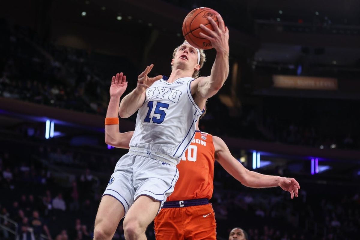 Dec 9, 2025; New York, New York, USA;  BYU Cougars guard Richie Saunders (15) at Madison Square Garden. Mandatory Credit: Wendell Cruz-Imagn Images