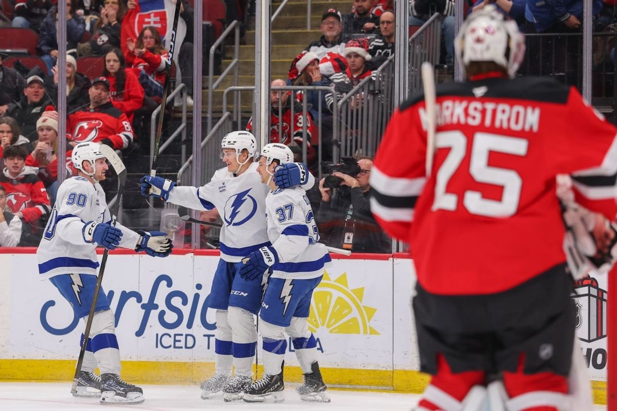 Dec 11, 2025; Newark, New Jersey, USA; Tampa Bay Lightning right wing Pontus Holmberg (29) celebrates his goal against the New Jersey Devils during the first period at Prudential Center. Mandatory Credit: Ed Mulholland-Imagn Images