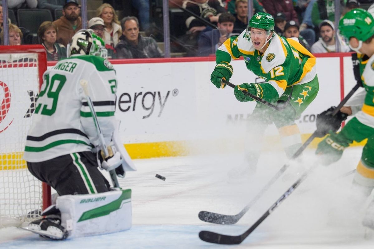 Dec 11, 2025; Saint Paul, Minnesota, USA; Minnesota Wild left wing Matt Boldy (12) shoots on Dallas Stars goaltender Jake Oettinger (29) in the first period at Grand Casino Arena. Mandatory Credit: Matt Blewett-Imagn Images