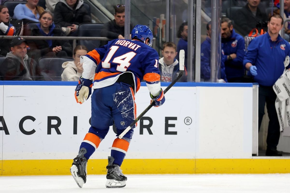 Dec 11, 2025; Elmont, New York, USA; New York Islanders center Bo Horvat (14) skates off the ice after a lower body injury during the second period against the Anaheim Ducks at UBS Arena. Mandatory Credit: Brad Penner-Imagn Images