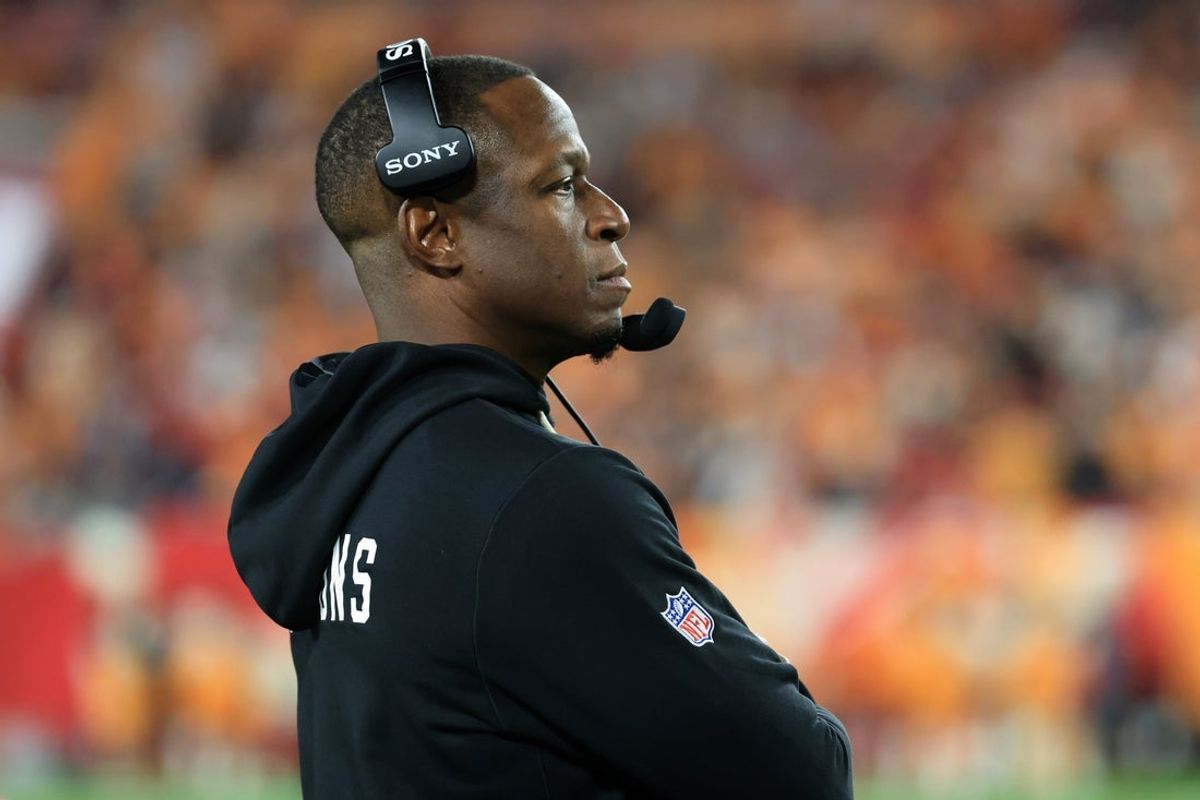 Dec 11, 2025; Tampa, Florida, USA; Atlanta Falcons head coach Raheem Morris watches game play against the Tampa Bay Buccaneers during the third quarter at Raymond James Stadium. Mandatory Credit: Kim Klement Neitzel-Imagn Images