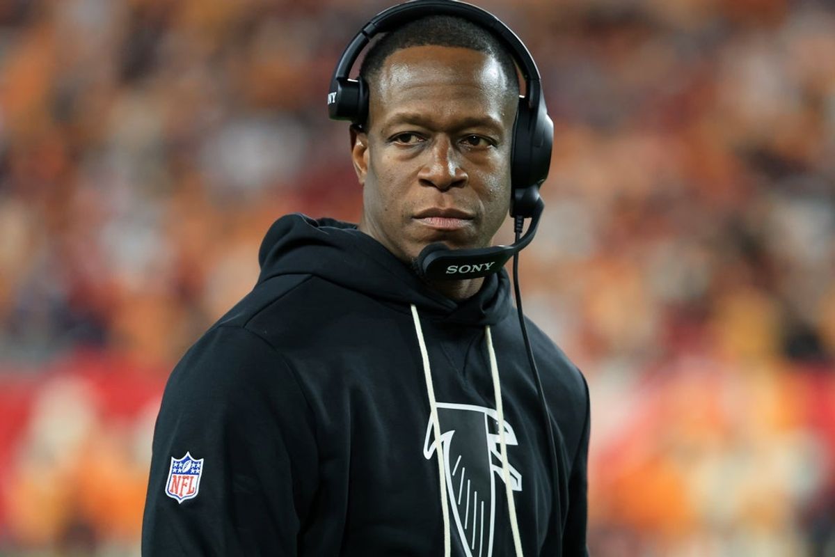 Dec 11, 2025; Tampa, Florida, USA; Atlanta Falcons head coach Raheem Morris looks on against the Tampa Bay Buccaneers during the third quarter at Raymond James Stadium. Mandatory Credit: Kim Klement Neitzel-Imagn Images
