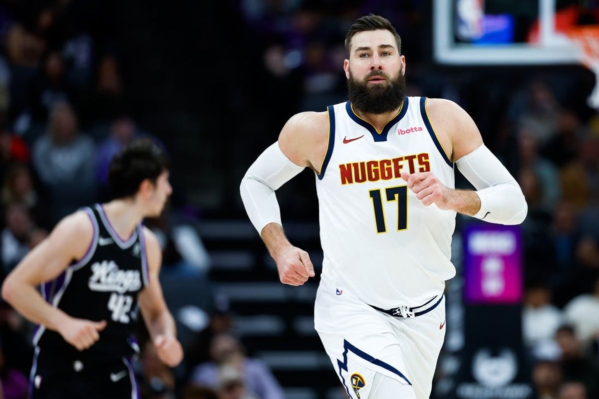 Dec 11, 2025; Sacramento, California, USA; Denver Nuggets center Jonas Valanciunas (17) runs up the court against the Sacramento Kings during the second quarter at Golden 1 Center. Mandatory Credit: Sergio Estrada-Imagn Images