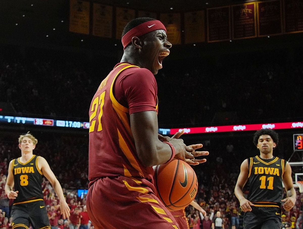 Iowa State Cyclones forward Killyan Toure (27) reacts after a dunk against Iowa during the second half in the men’s basketball Cy-Hawk series on Dec. 11, 2025, in Ames, Iowa.