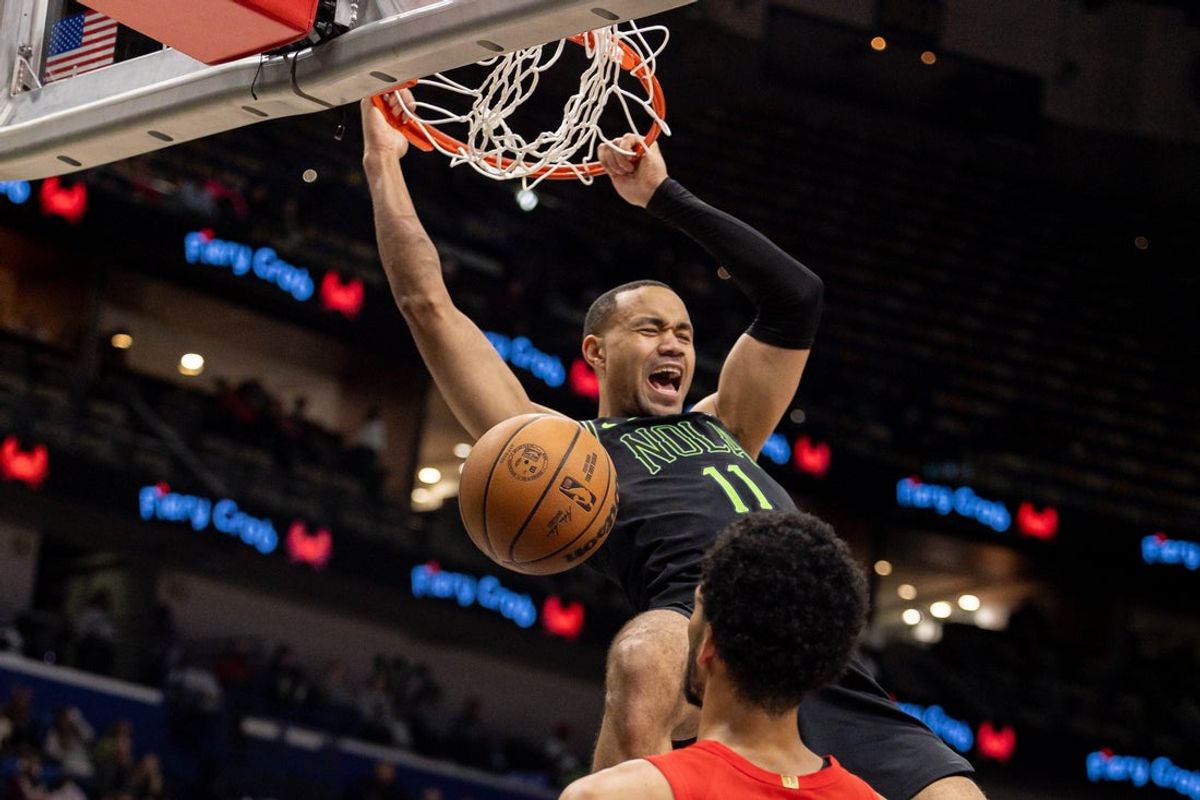 Dec 11, 2025; New Orleans, Louisiana, USA;  New Orleans Pelicans guard Bryce McGowens (11) dunks the ball against the Portland Trail Blazers during the second half at Smoothie King Center. Mandatory Credit: Stephen Lew-Imagn Images