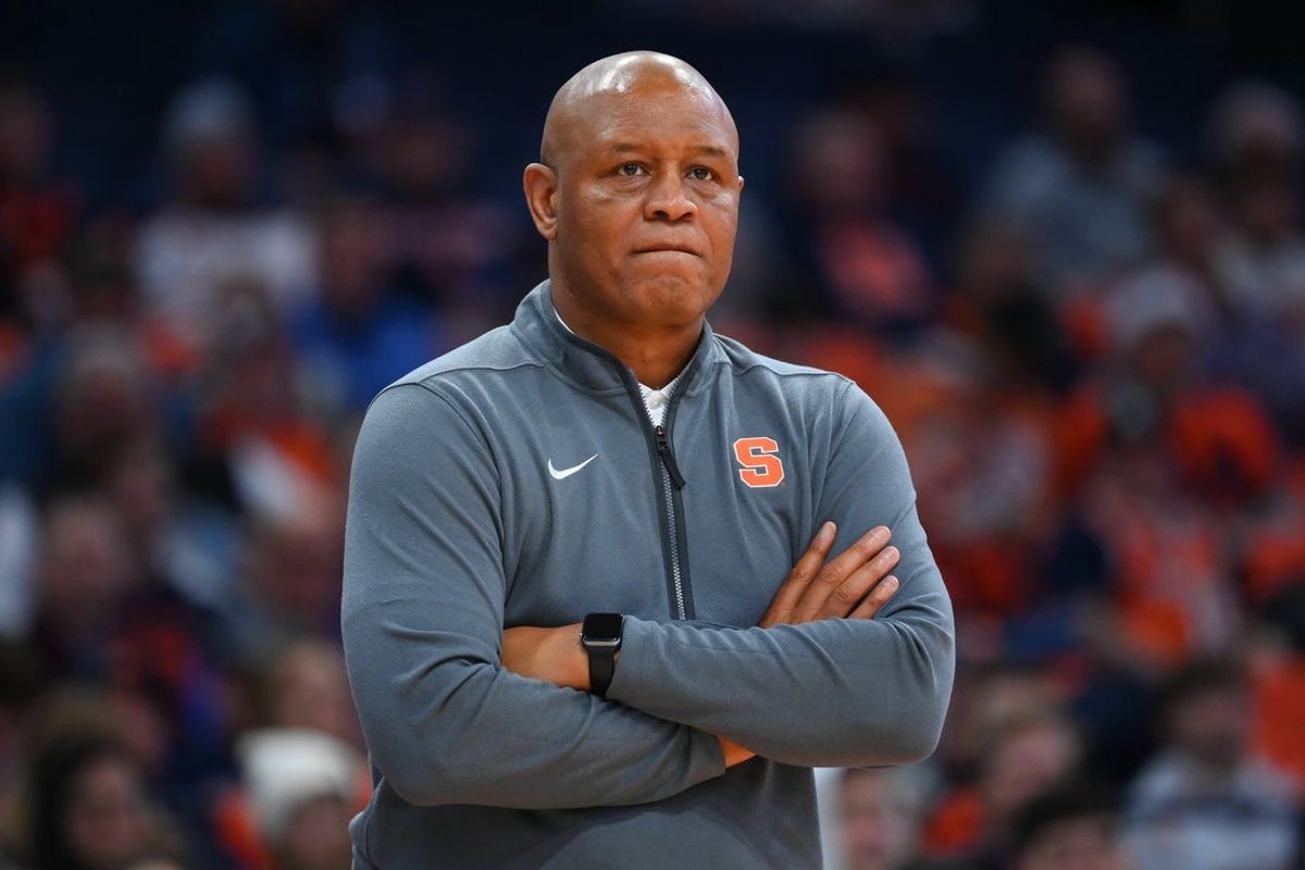 Dec 11, 2025; Syracuse, New York, USA; Syracuse Orange head coach Adrian Autry looks on against the Saint Joseph's Hawks during the second half at the JMA Wireless Dome. Mandatory Credit: Rich Barnes-Imagn Images