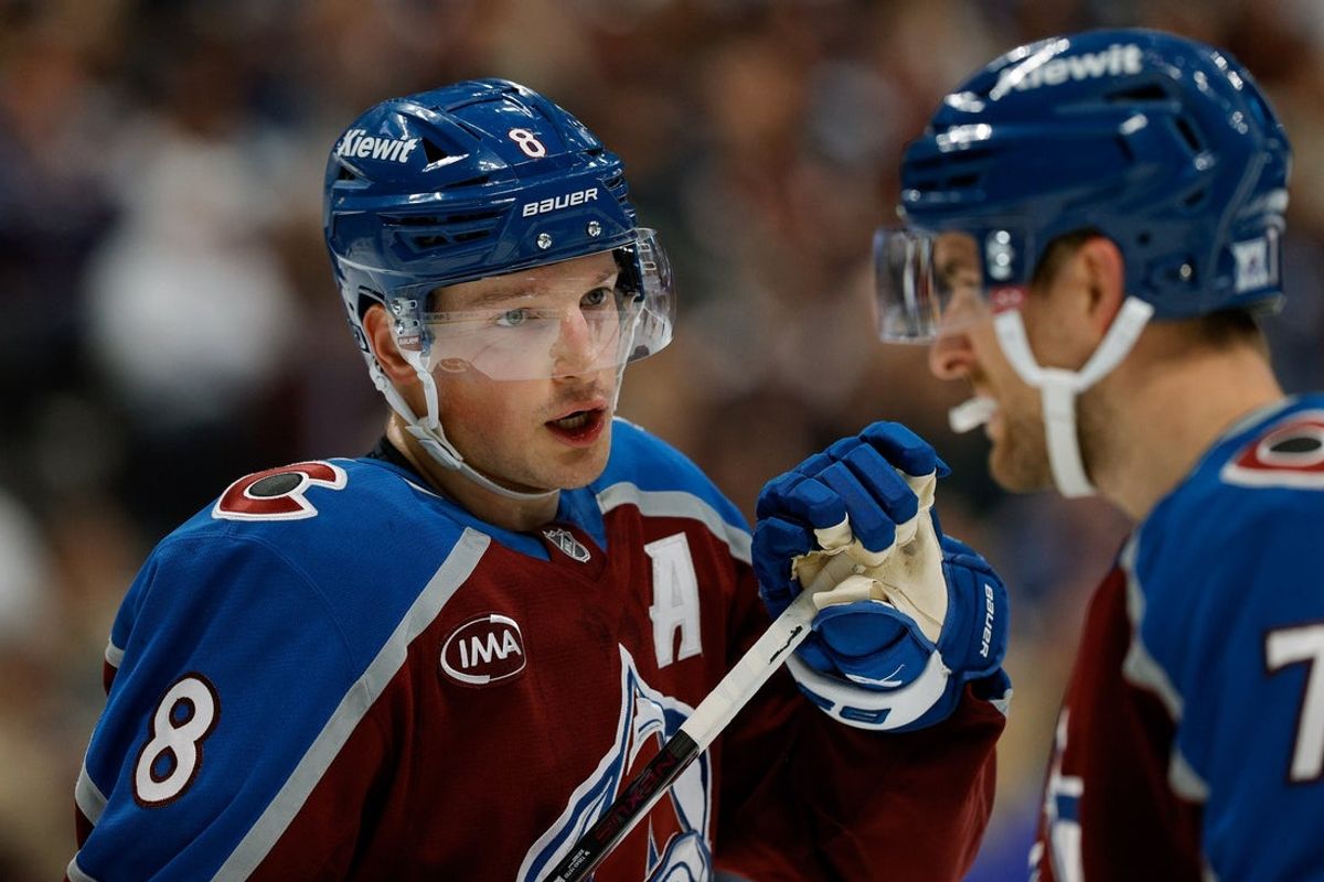 Dec 11, 2025; Denver, Colorado, USA; Colorado Avalanche defenseman Cale Makar (8) and defenseman Devon Toews (7) in the first period against the Florida Panthers at Ball Arena. Mandatory Credit: Isaiah J. Downing-Imagn Images
