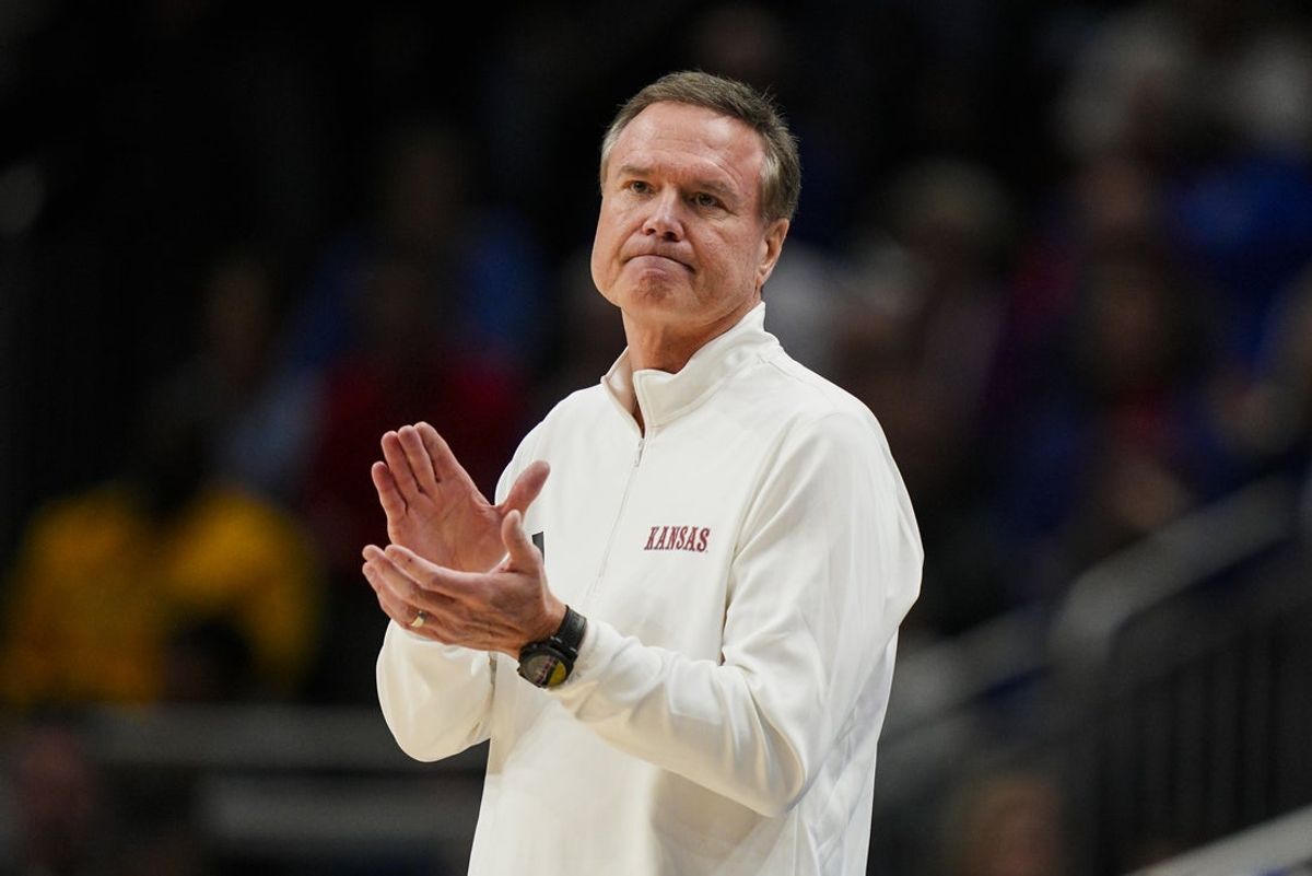 Dec 7, 2025; Kansas City, Missouri, USA; Kansas Jayhawks head coach Bill Self reacts during the second half against the Missouri Tigers at T-Mobile Center. Mandatory Credit: Jay Biggerstaff-Imagn Images