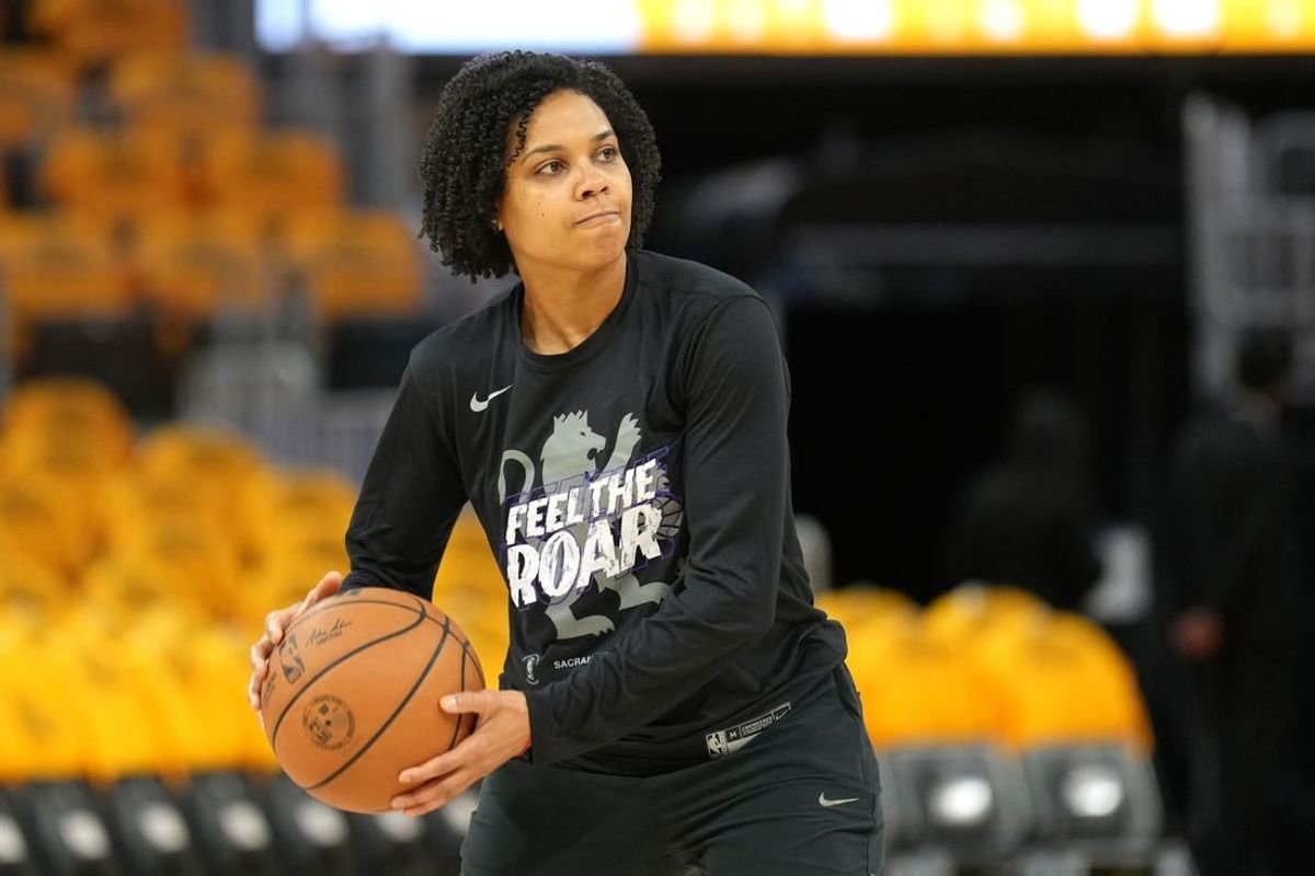 Apr 23, 2023; San Francisco, California, USA; Sacramento Kings assistant coach Lindsey Harding before game four of the 2023 NBA playoffs against the Golden State Warriors at Chase Center.