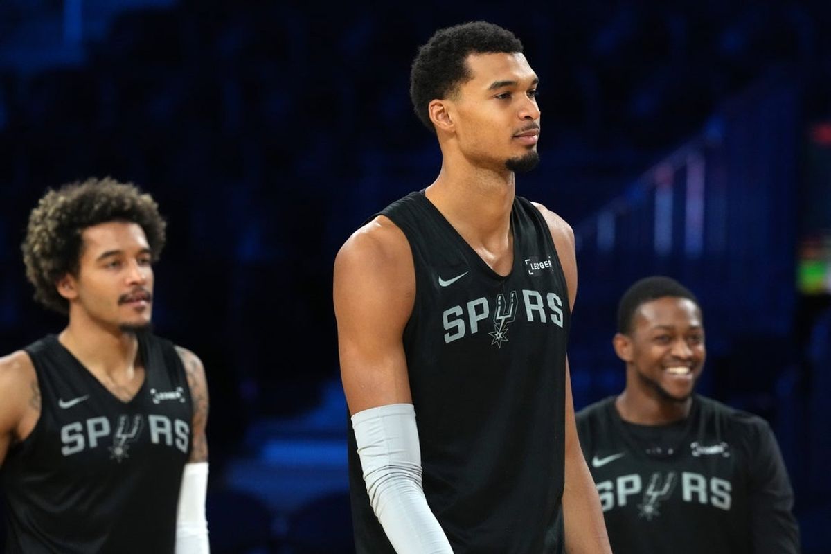 Dec 12, 2025; Las Vegas, NV, USA; San Antonio Spurs forward Victor Wembanyama (1) during practice prior to the Emirates Cup semifinals at T-Mobile Arena. Mandatory Credit: Kirby Lee-Imagn Images