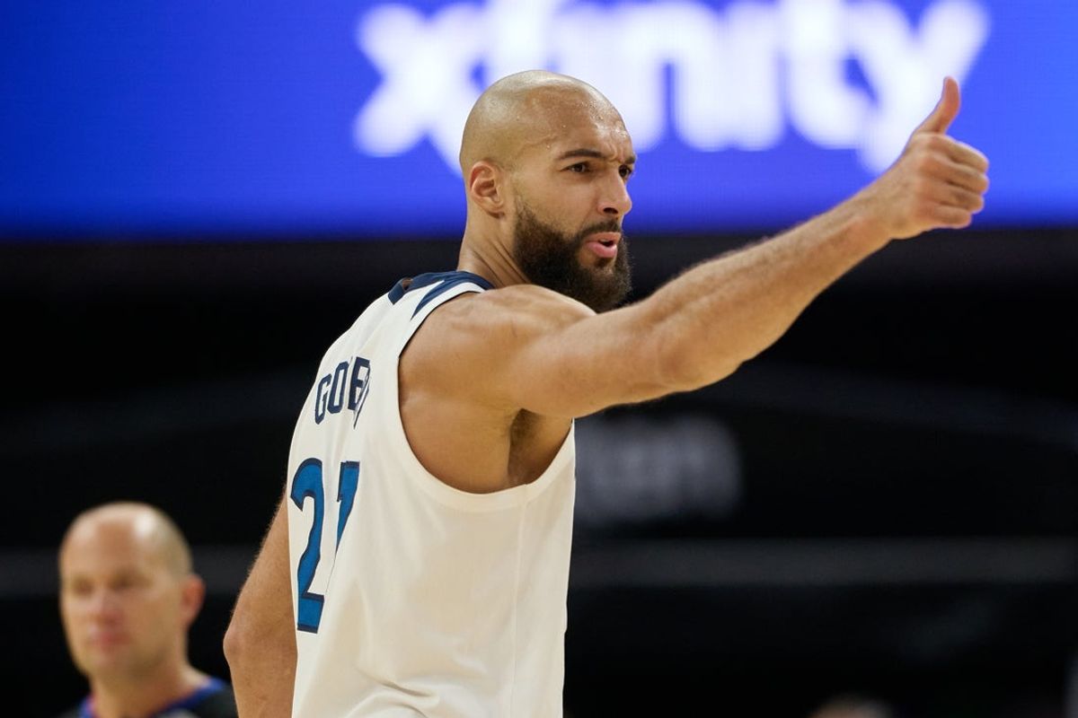 Dec 12, 2025; San Francisco, California, USA; Minnesota Timberwolves center Rudy Gobert (27) gestures toward the Timberwolves bench  during the third quarter against the Golden State Warriors at Chase Center. Mandatory Credit: Robert Edwards-Imagn Images